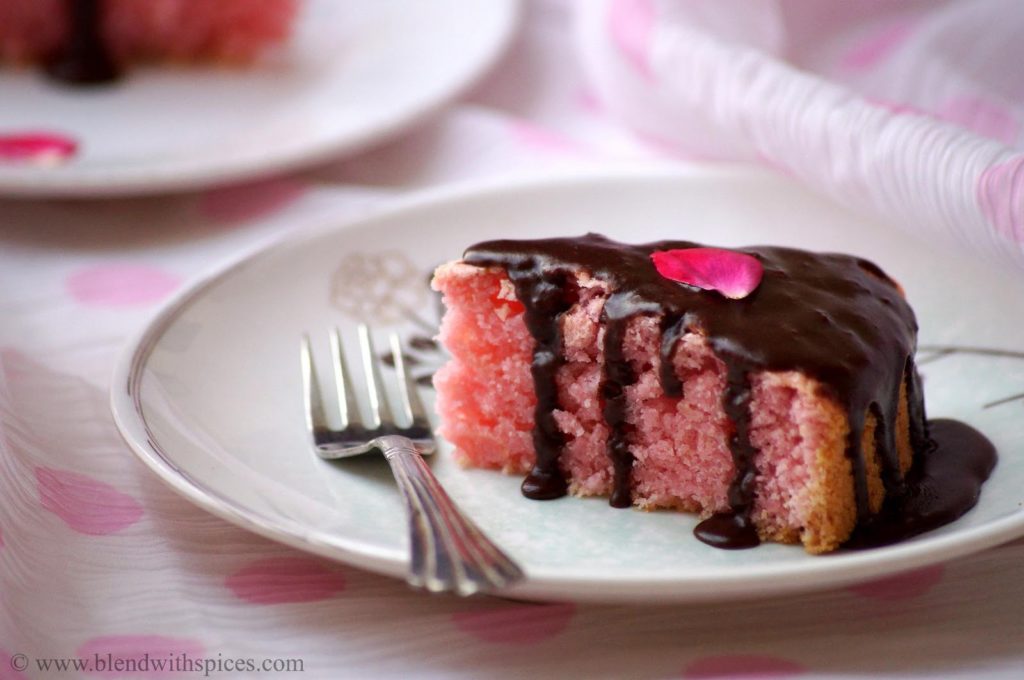 Eggless Starwberry Custard Cake Recipe with Chocolate Glaze